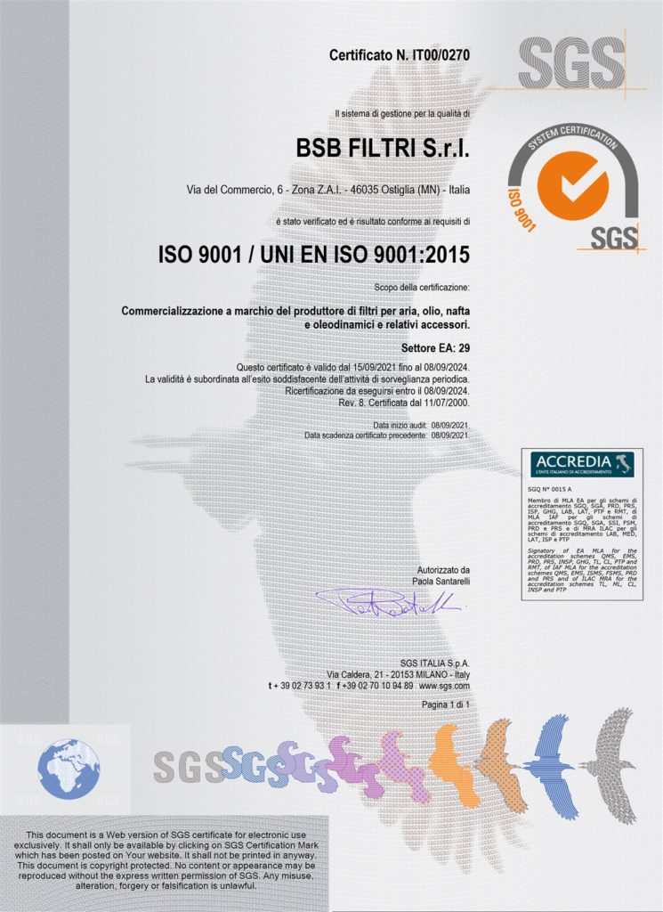 certificato sgs italiano, bsb filtri